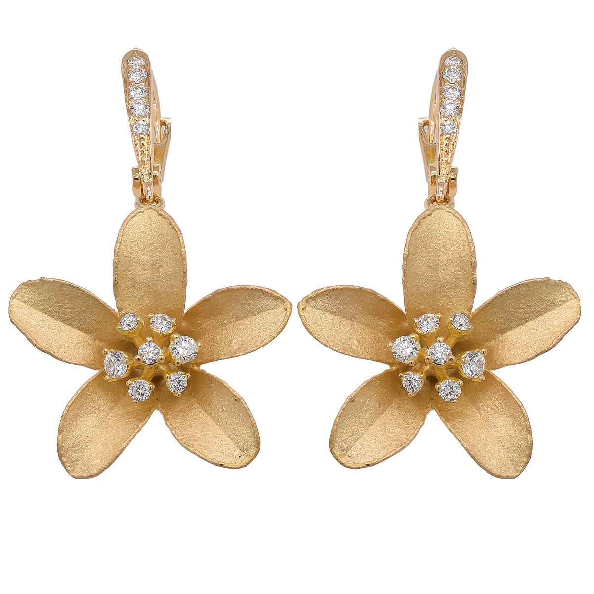 18K Yellow Gold Flower Satin Diamond Dangle Earrings