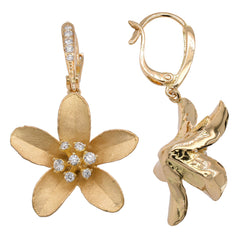 18K Yellow Gold Flower Satin Diamond Dangle Earrings, view 2