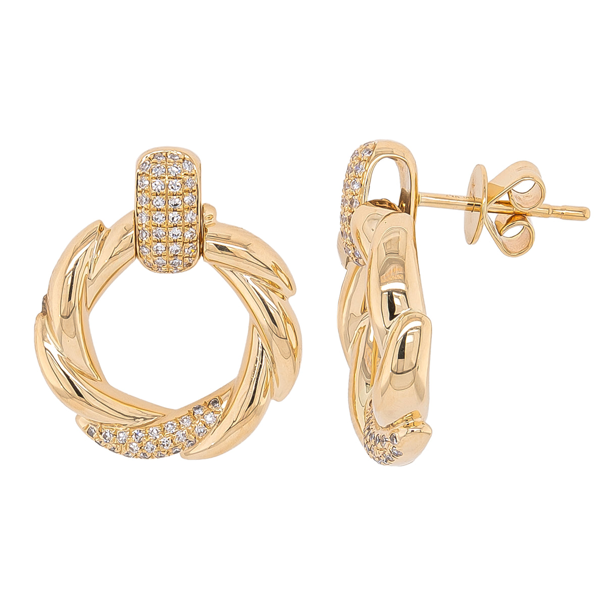 14K Yellow Gold Diamond Twist Circle Earrings
