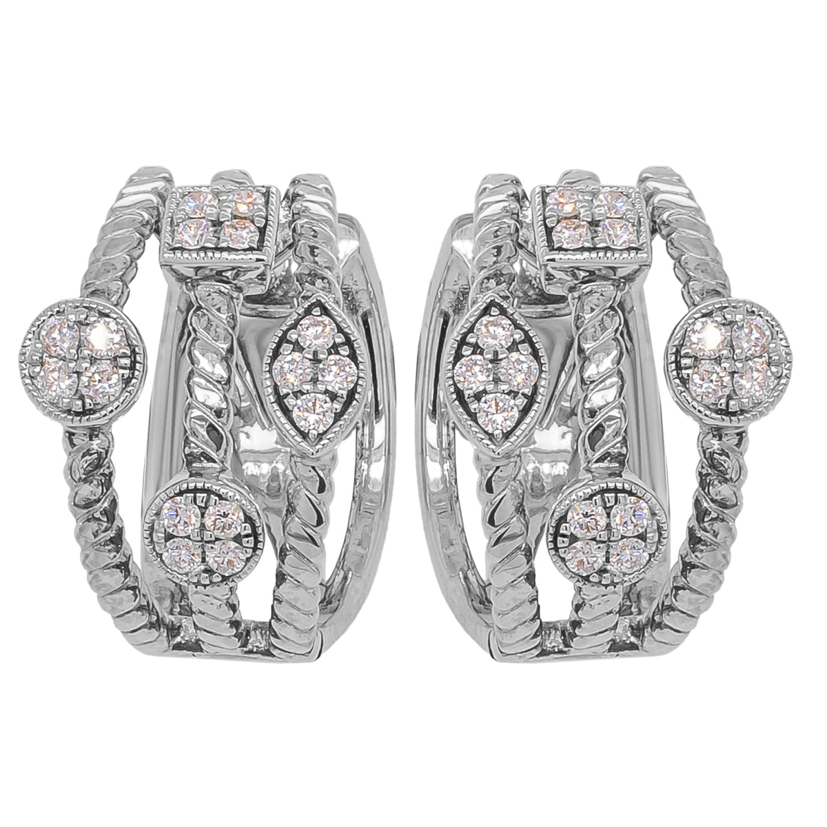 14K White Gold Diamond Braid Hoop Earrings