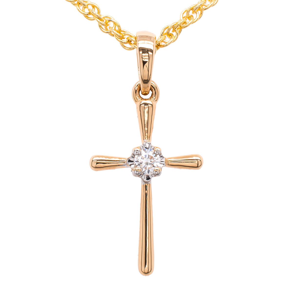 14K Yellow Gold Small Single Diamond Cross Pendant