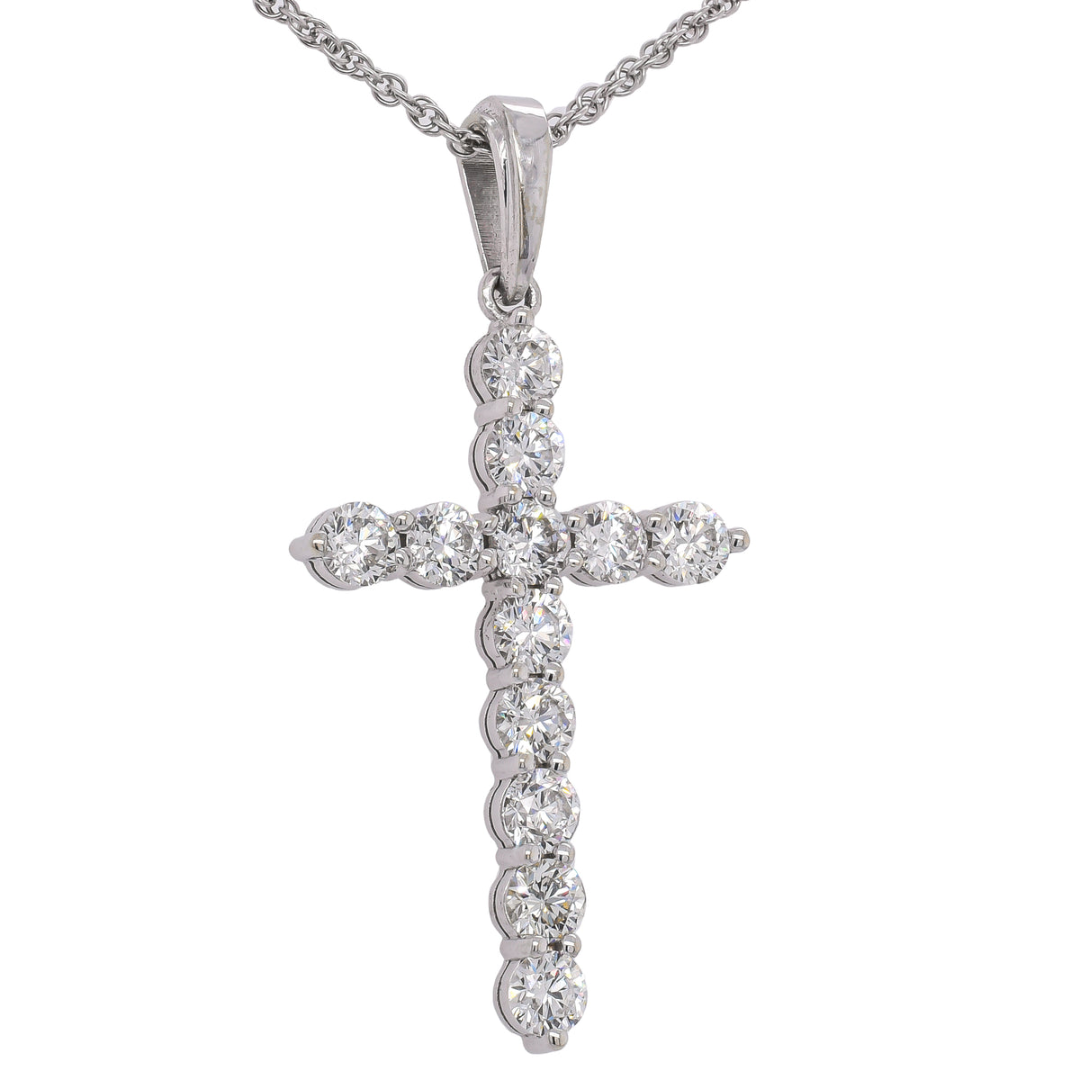 18K White Gold Diamond Shared Prong Cross Pendant