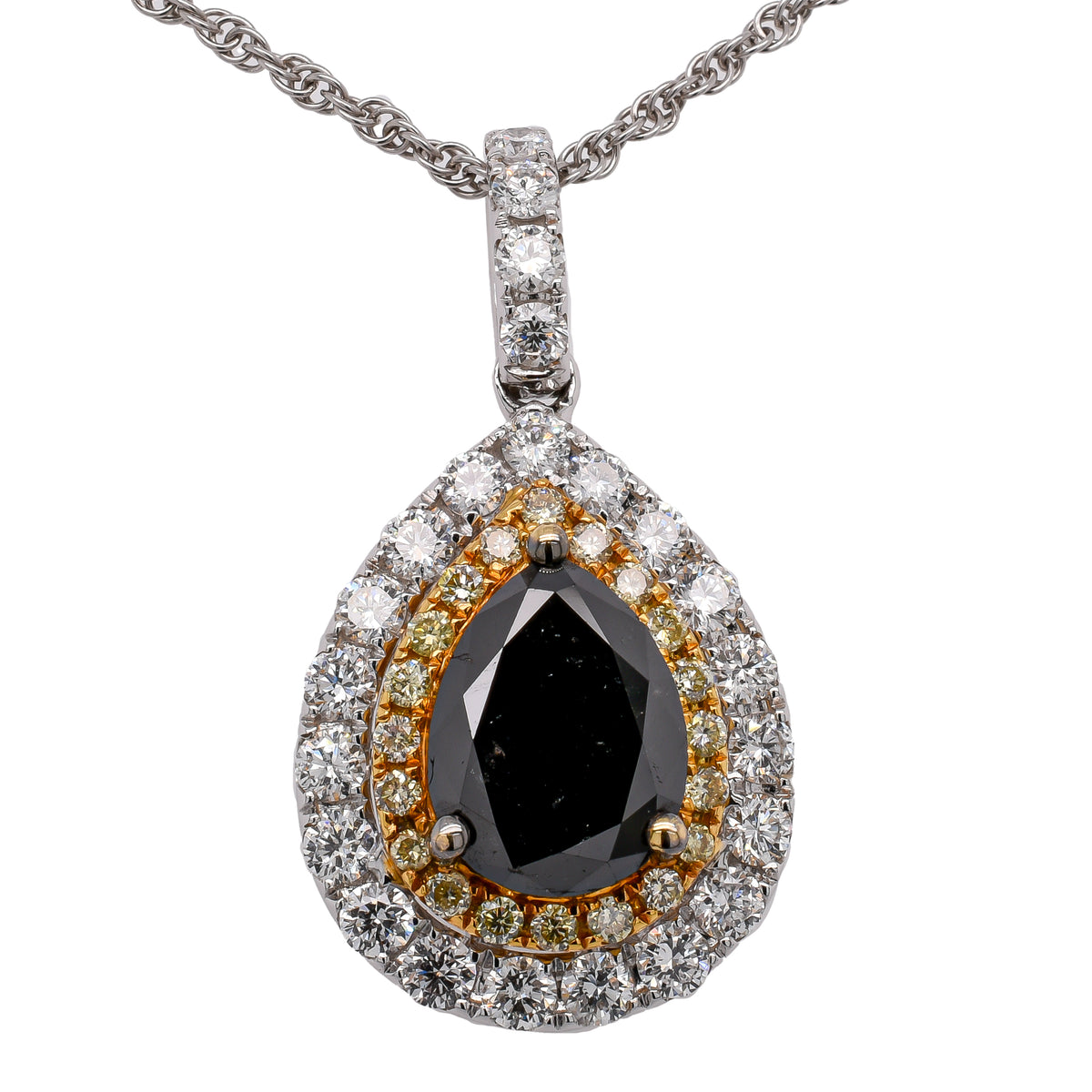 18K White & Yellow Gold Black Diamond Halo Pendant | 3.25 CTW Natural Diamond Necklace