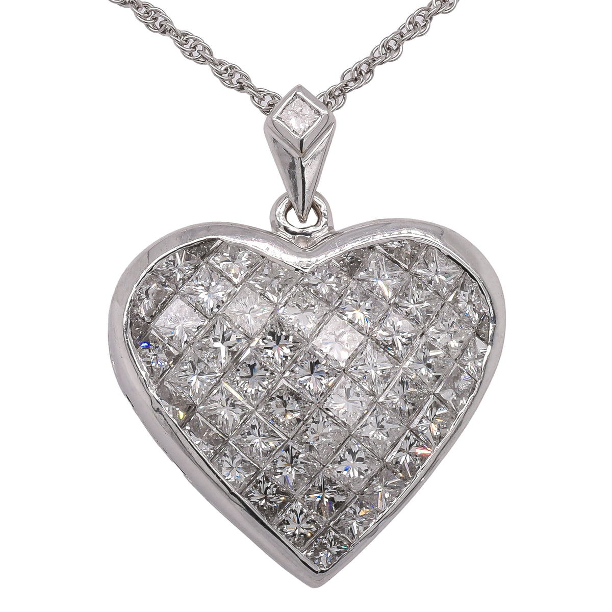 18K White Gold Invisible Set Princess Cut Diamond Heart Pendant