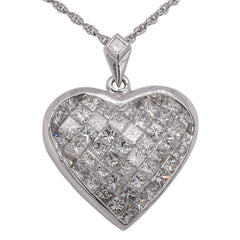 18K White Gold Invisible Set Princess Cut Diamond Heart Pendant, view 1
