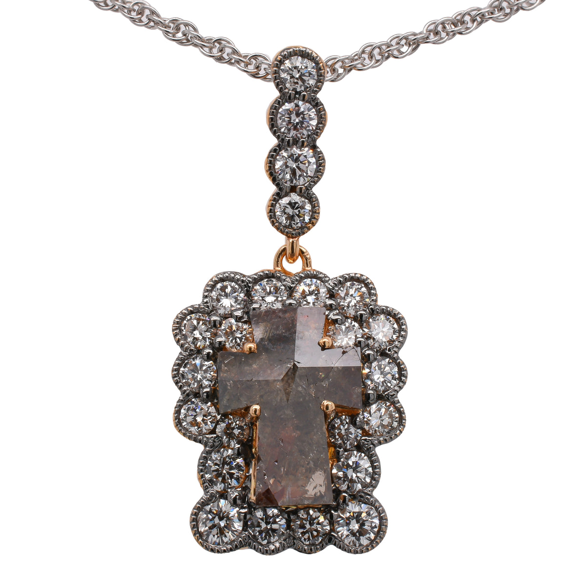18K Rose Gold Fancy Cut Salt & Pepper Diamond Cross Pendant