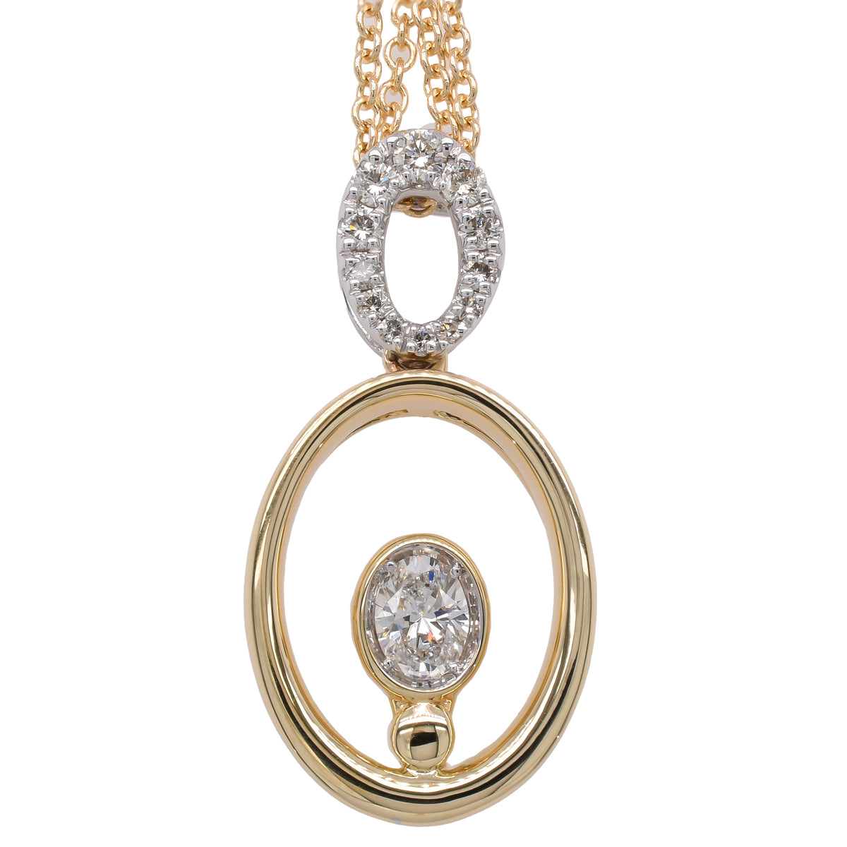 14K Yellow and White Gold Oval Diamond Drop Pendant 26mm