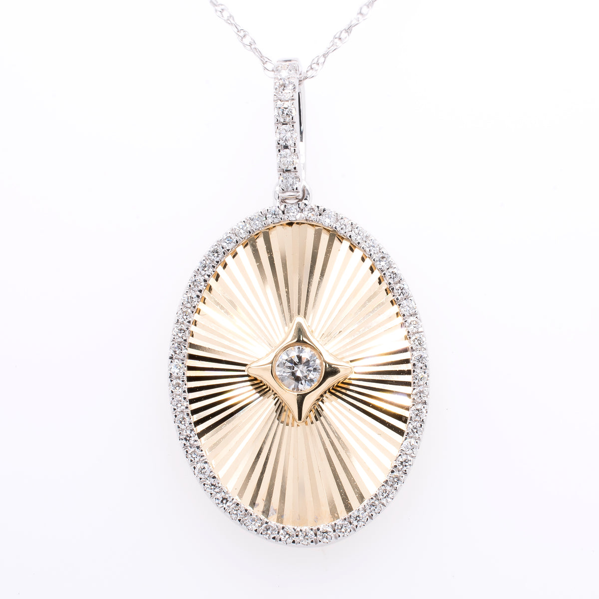 14K Yellow and White Gold Fluted Diamond Oval Pendant Necklace