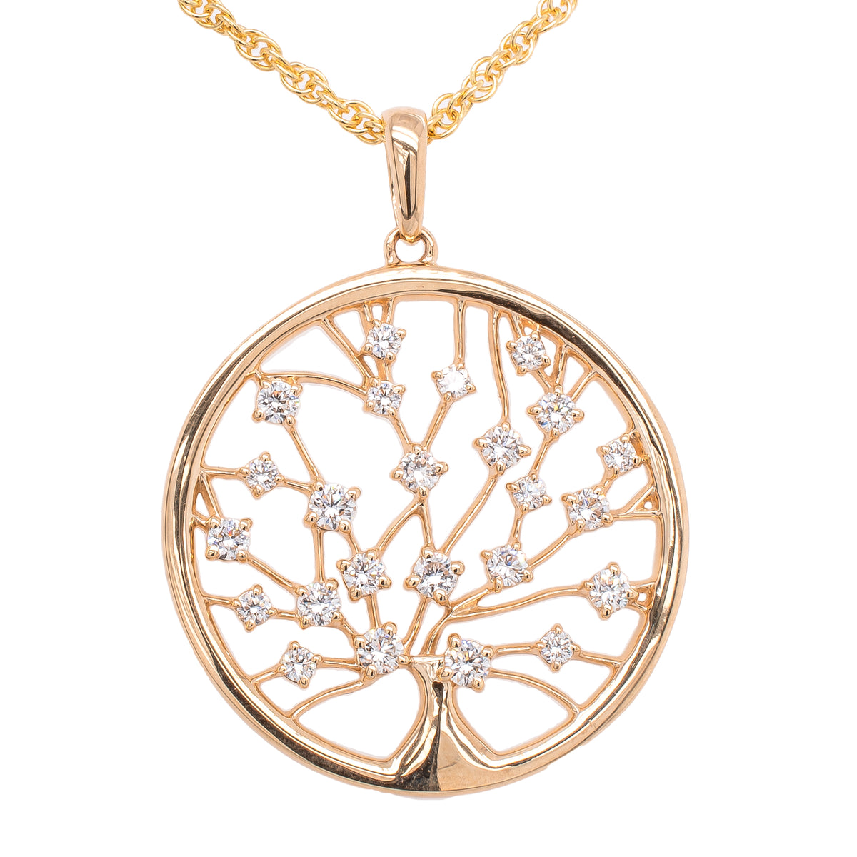 14K Yellow Gold Diamond Tree of Life Circle Pendant