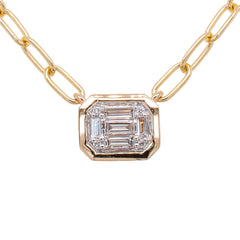 14K Yellow Gold Diamond Emerald Shaped Necklace with Paper Clip Chain, view 2
