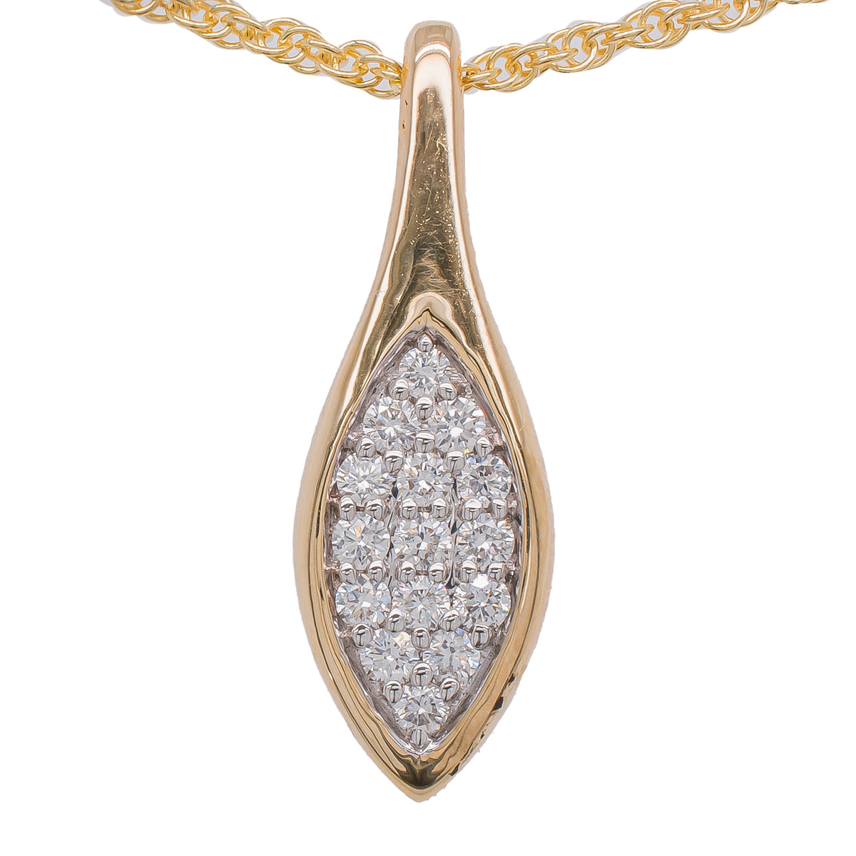 14K Yellow Gold Double Point Teardrop Pave Diamond Necklace