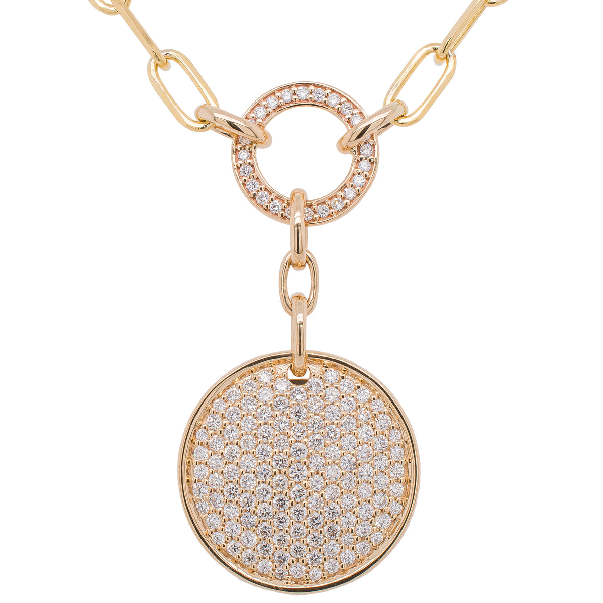 14K Yellow Gold Station Circle Pave Diamond Necklace on Paperclip Chain