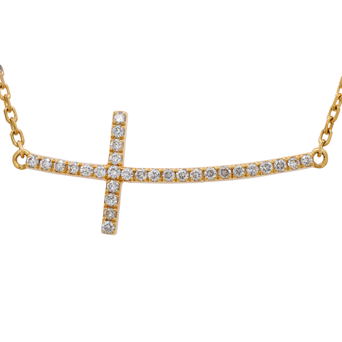18K Yellow Gold 0.26CTW Diamond Sideways Curved Cross Pendant Necklace 18"