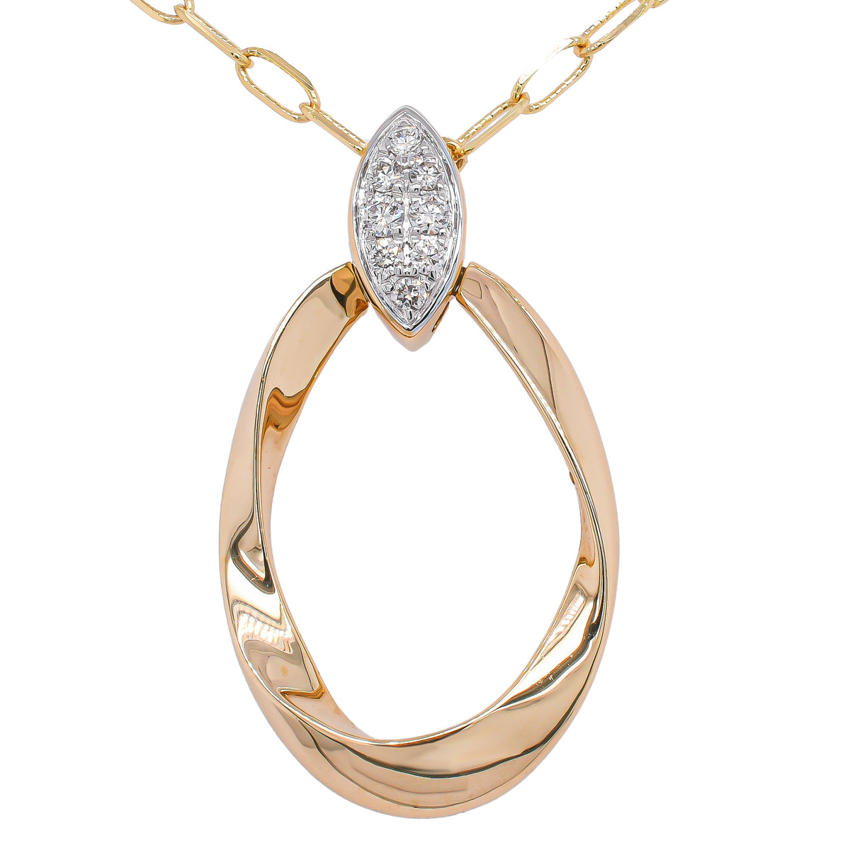 14K Yellow Gold Twisted Oval Diamond Marquise Paperclip Necklace