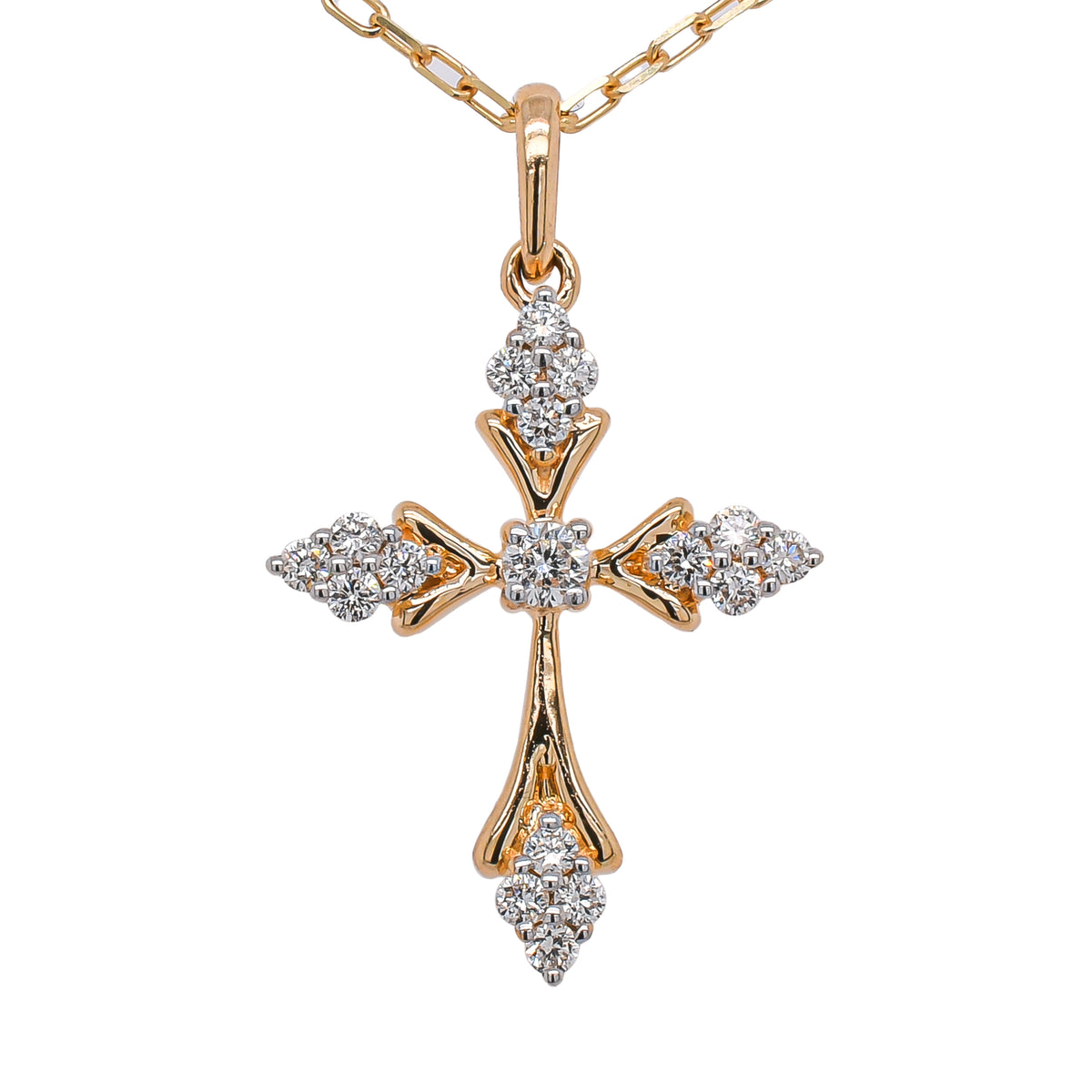 14K Yellow Gold Diamond Cross V Shaped Ends Necklace 16in
