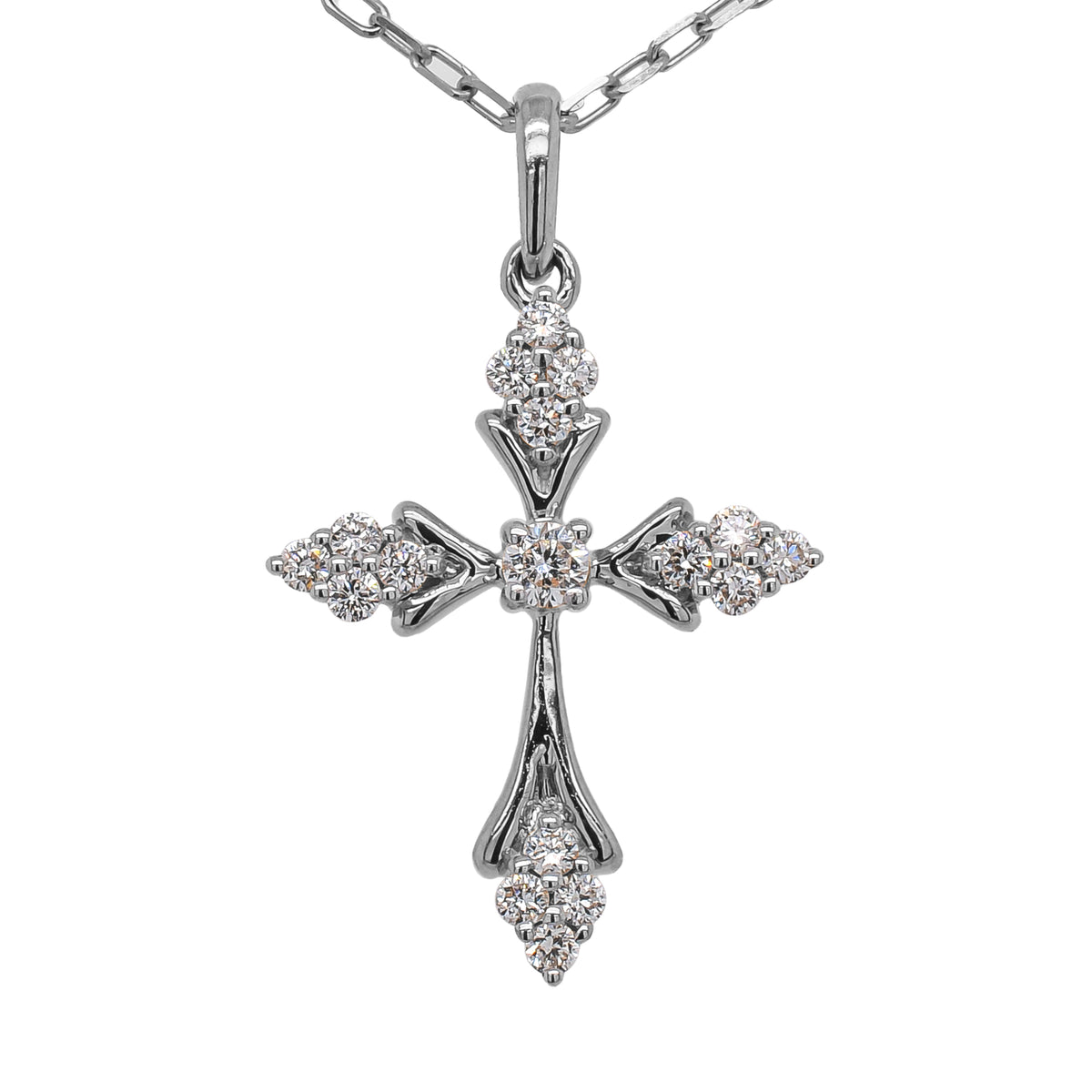 14K White Gold Diamond Cross V Shaped Ends Necklace 16in