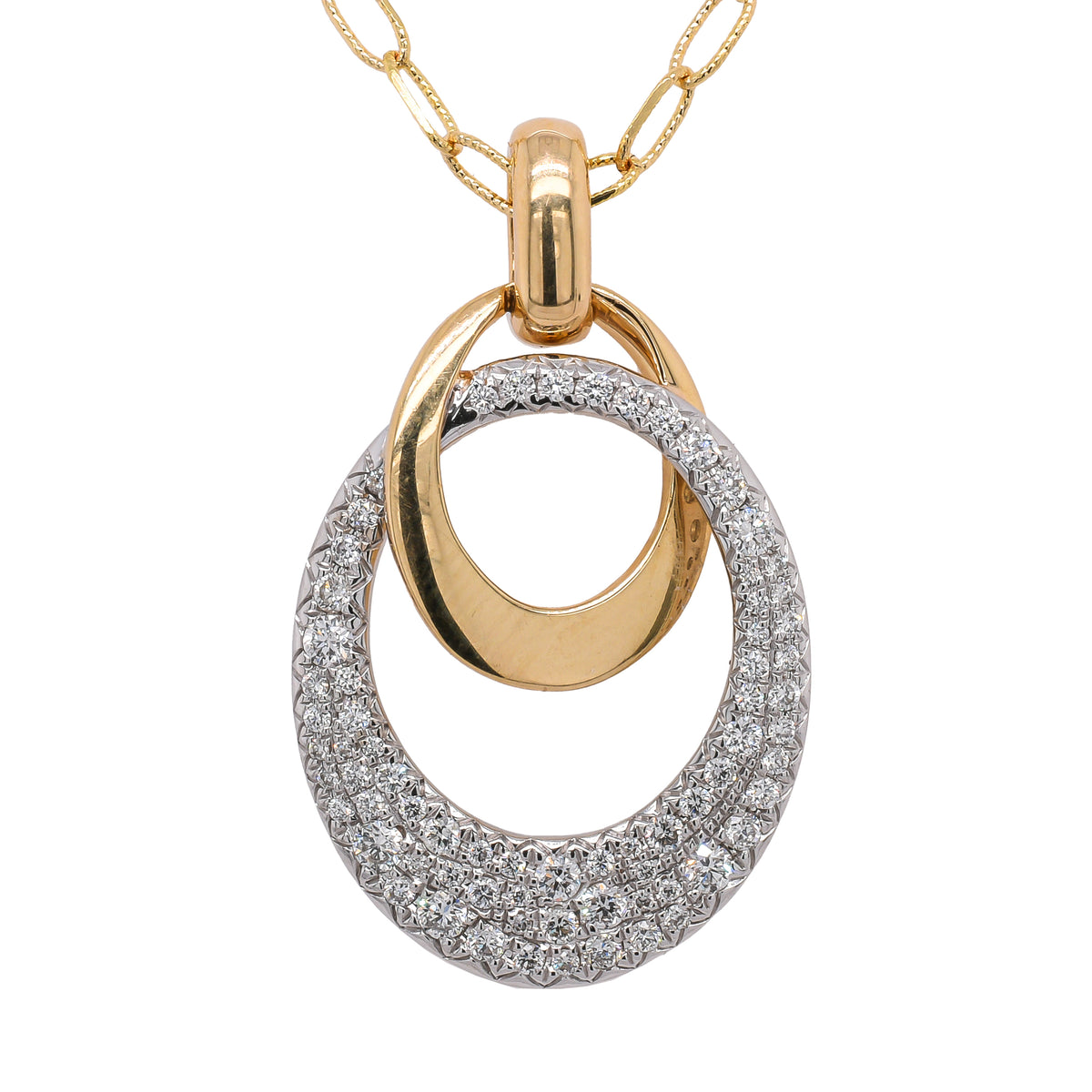 14K Yellow and White Double Oval Pave Pendant Paperclip Necklace