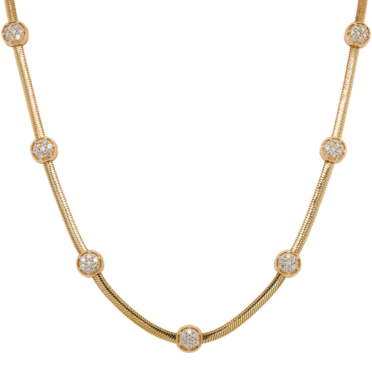 18K Yellow Gold Flat Snake Chain Necklace with 7 Diamond Clusters | 0.52 CTW Natural Diamonds