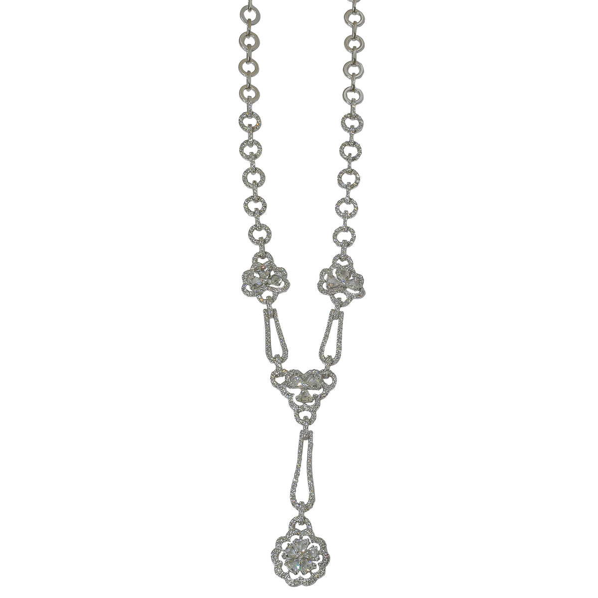 18K White Gold Rose Cut Diamond Flower Drop Necklace