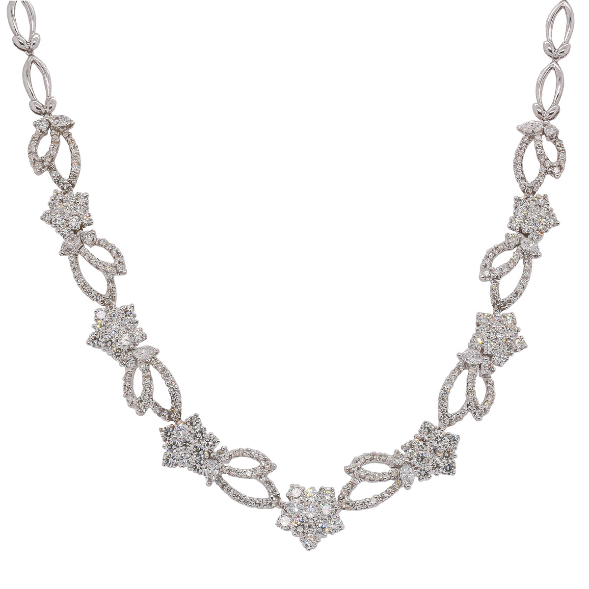 18K White Gold Diamond Flower & Marquise Leaf Necklace