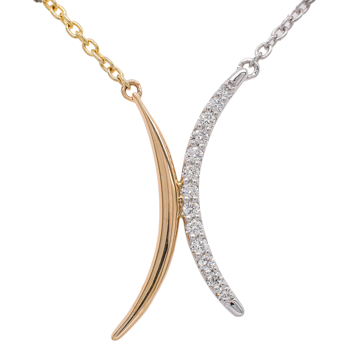 14K Yellow and White Gold Curved X Bar Diamond Necklace 18in