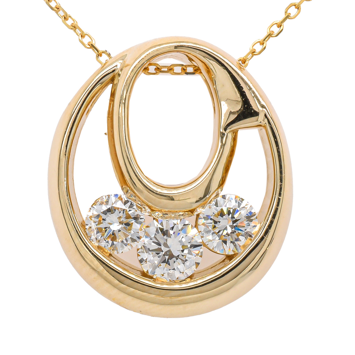 14K Yellow Gold 3-Stone Diamond Circle Pendant Necklace 18in