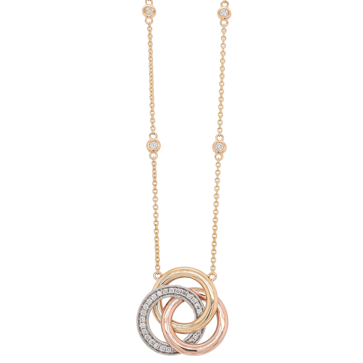 14K Tri-Tone Gold Diamond Trinity 18.5mm Pendant Necklace 18in