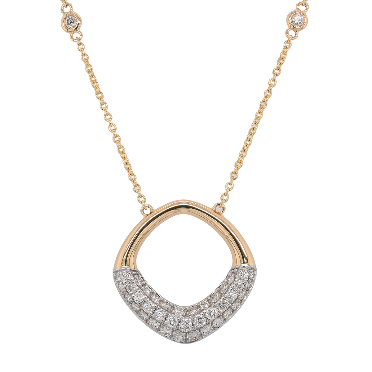 14K Yellow and White Gold Square Diamond Pave Station Necklace 18in
