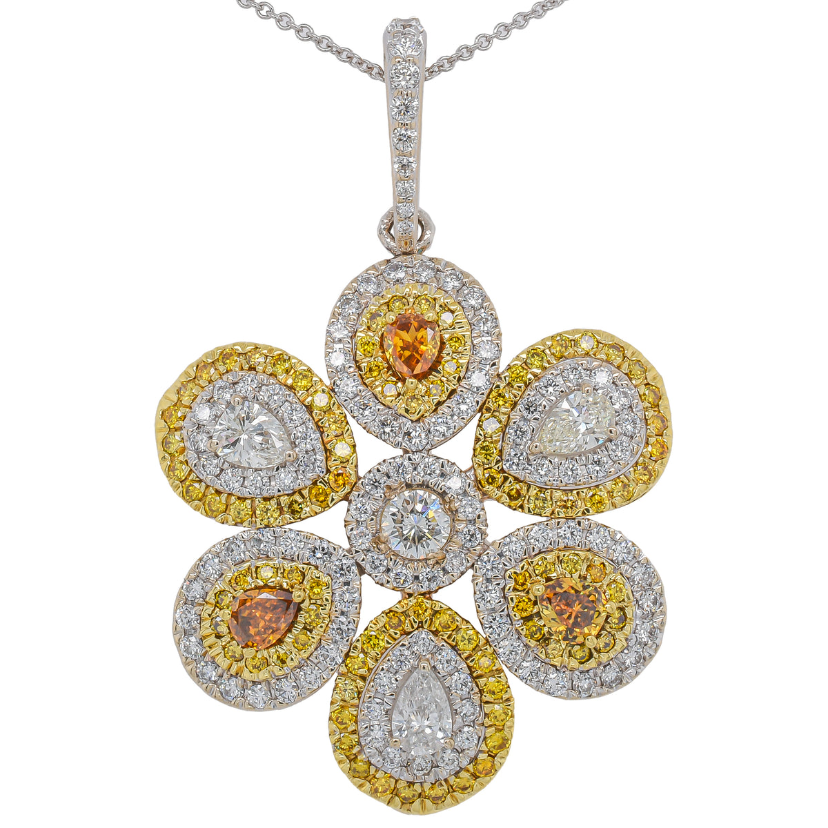 18K White and Yellow Gold Yellow Diamond Flower Pendant on Diamond by the Yard Necklace 18in