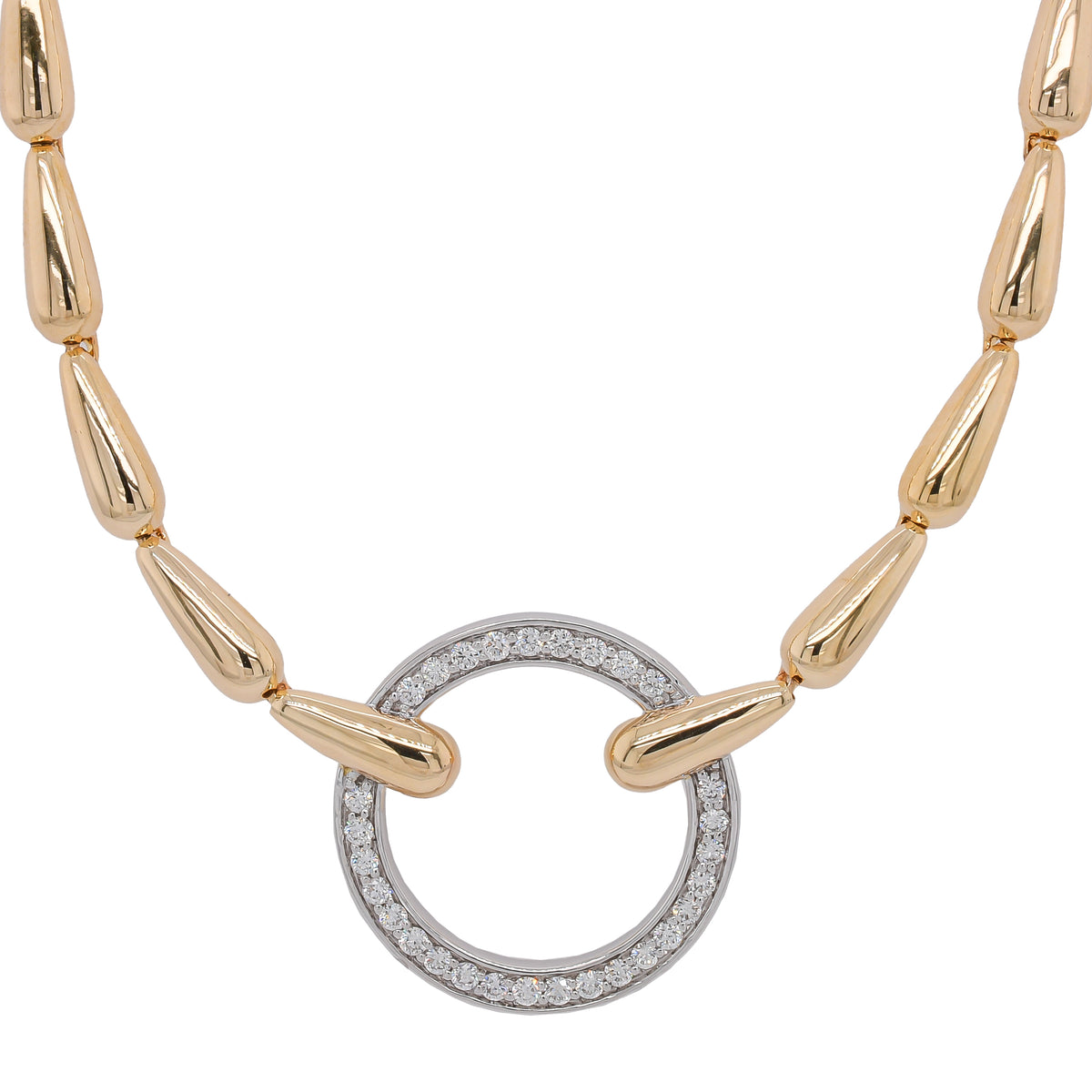 14K Yellow and White Gold Diamond Circle with Teadrop Link Necklace 17in