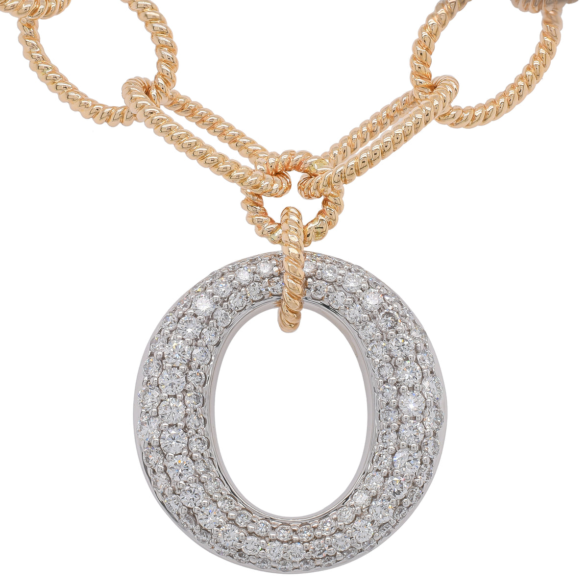 14K Yellow and White Gold Open Link Oval Pave Diamond Pendant Necklace