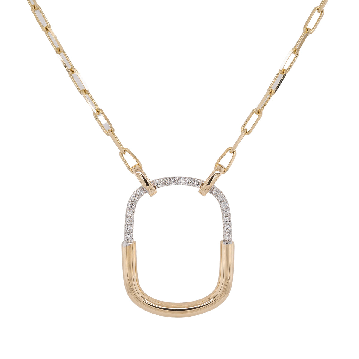 14K Yellow Gold Diamond Oval Rectangle Pave Station Pendant Necklace