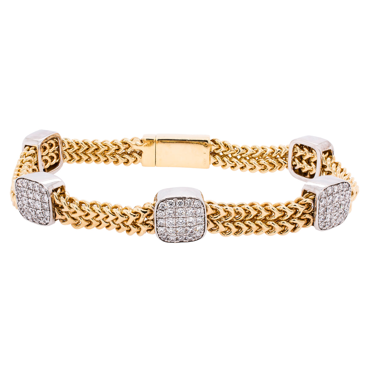 14K Yellow and White Gold Cushioned Diamonds with Double Rope Chain Bracelet