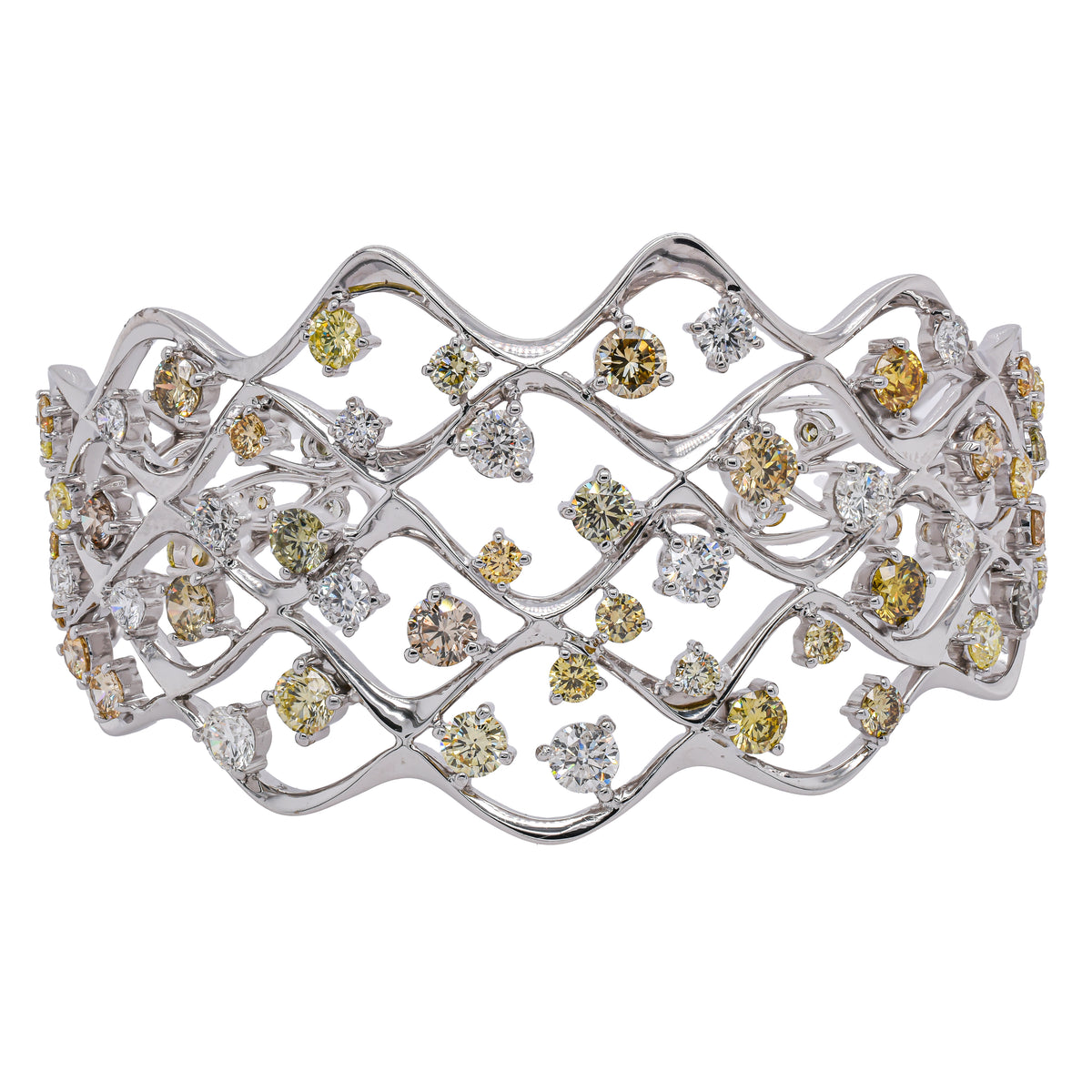14K White Gold Fancy Yellow & White Diamond Wave Bangle | 13.10 CTW