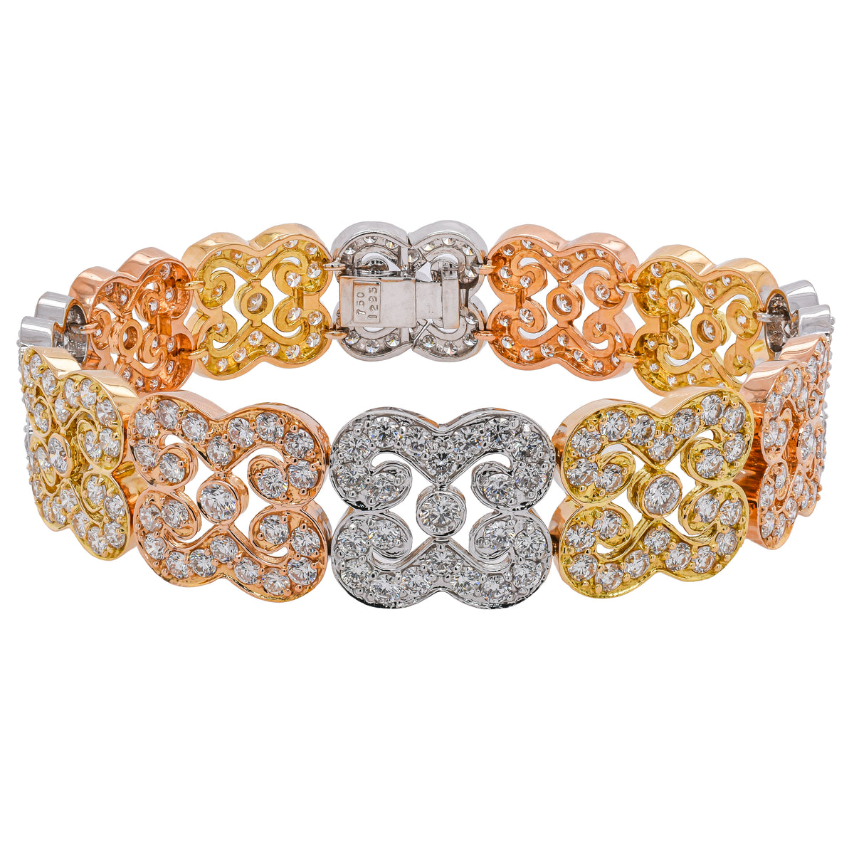 18K Tri-Color Gold Diamond Scroll Link Bracelet | 12.93 CTW Round Diamonds