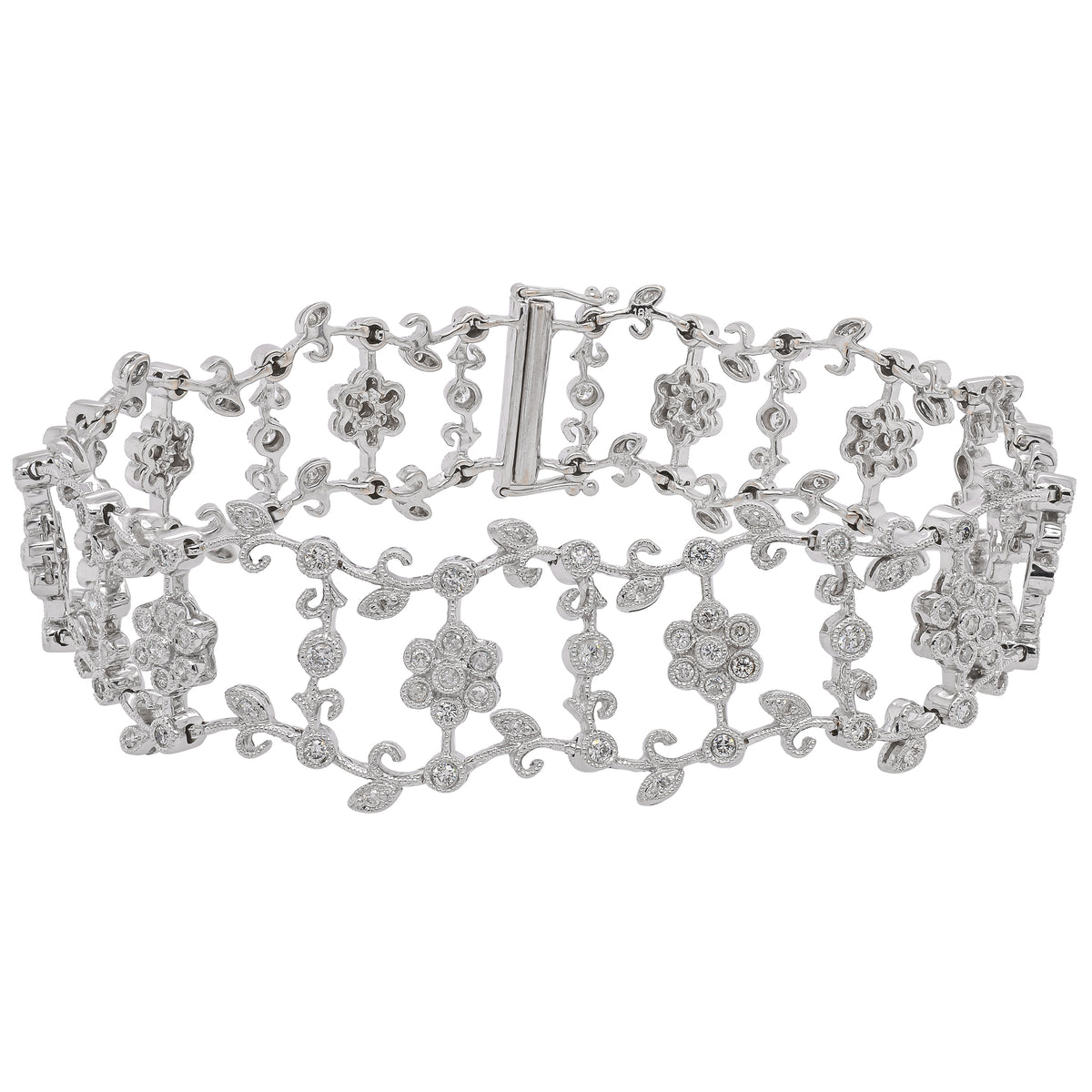 18K White Gold Diamond Filigree Flower Bracelet