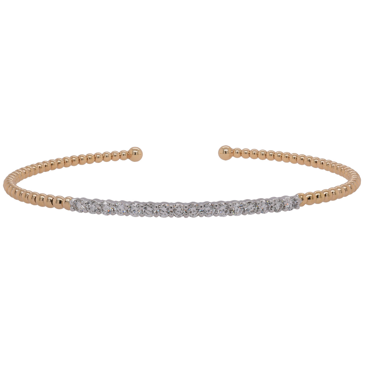 18K Yellow and White Gold Diamond and Beaded Open Bangle Bracelet