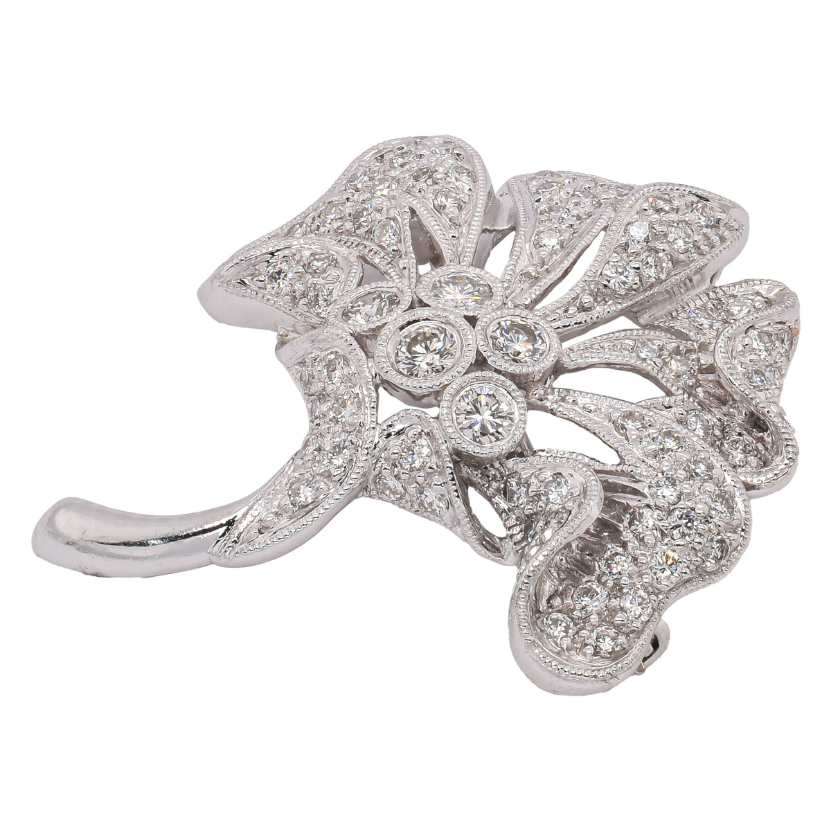18K White Gold Diamond Filigree Leaf Pin & Pendant
