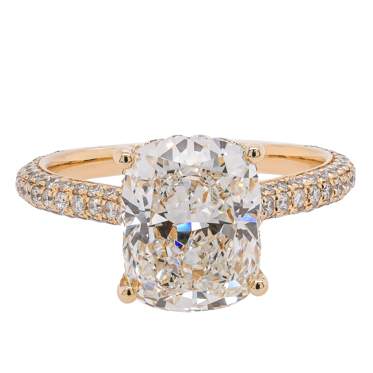 14K Yellow Gold Elongated Cushion Lab Diamond Hidden Halo Engagement Ring – 3.60 CTW | EF VS