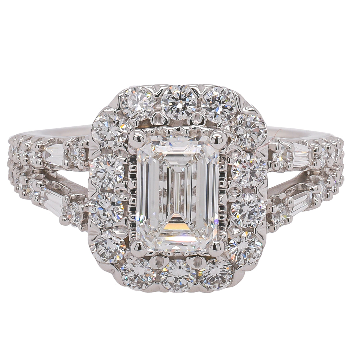 14K White Gold Emerald Cut Lab Diamond Halo Split Shank Engagement Ring – 2.01 CTW | EF VS