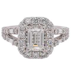 14K White Gold Emerald Cut Lab Diamond Halo Split Shank Engagement Ring – 2.01 CTW | EF VS, view 1