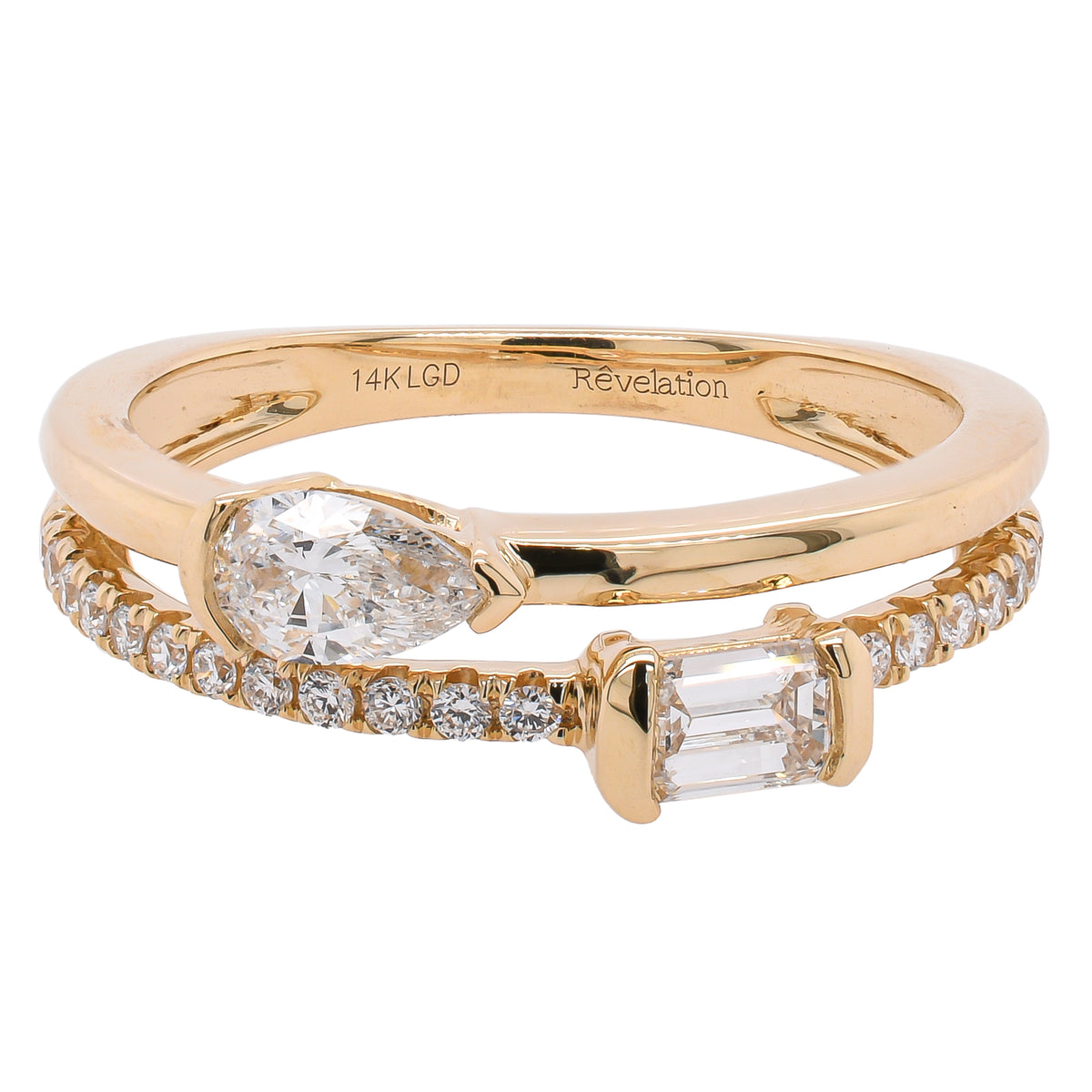 14K Yellow Gold Pear & Emerald Cut Lab Diamond Stackable Ring – 0.62 CTW | F VS