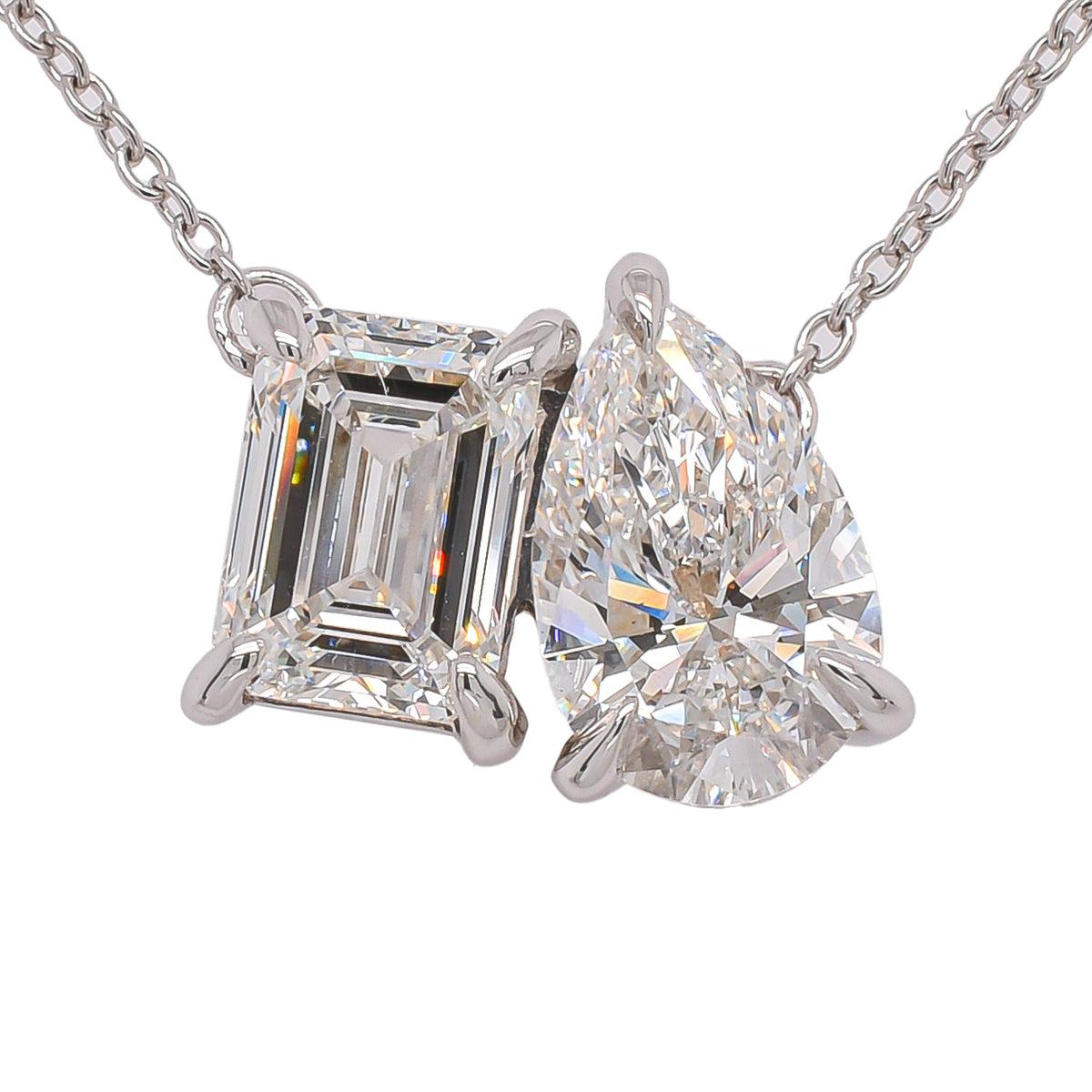 14K White Gold Toi et Moi Lab Diamond Necklace – Pear & Emerald Cut | 2.00 CTW