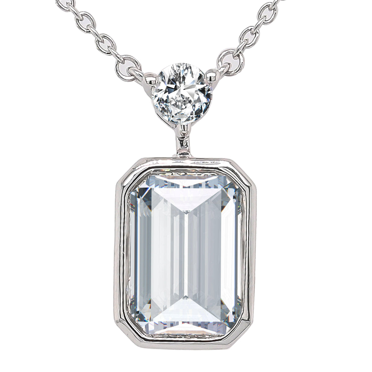 14K Lab Diamond Emerald-Cut Solitaire Bezel Set Necklace 3.00CTW