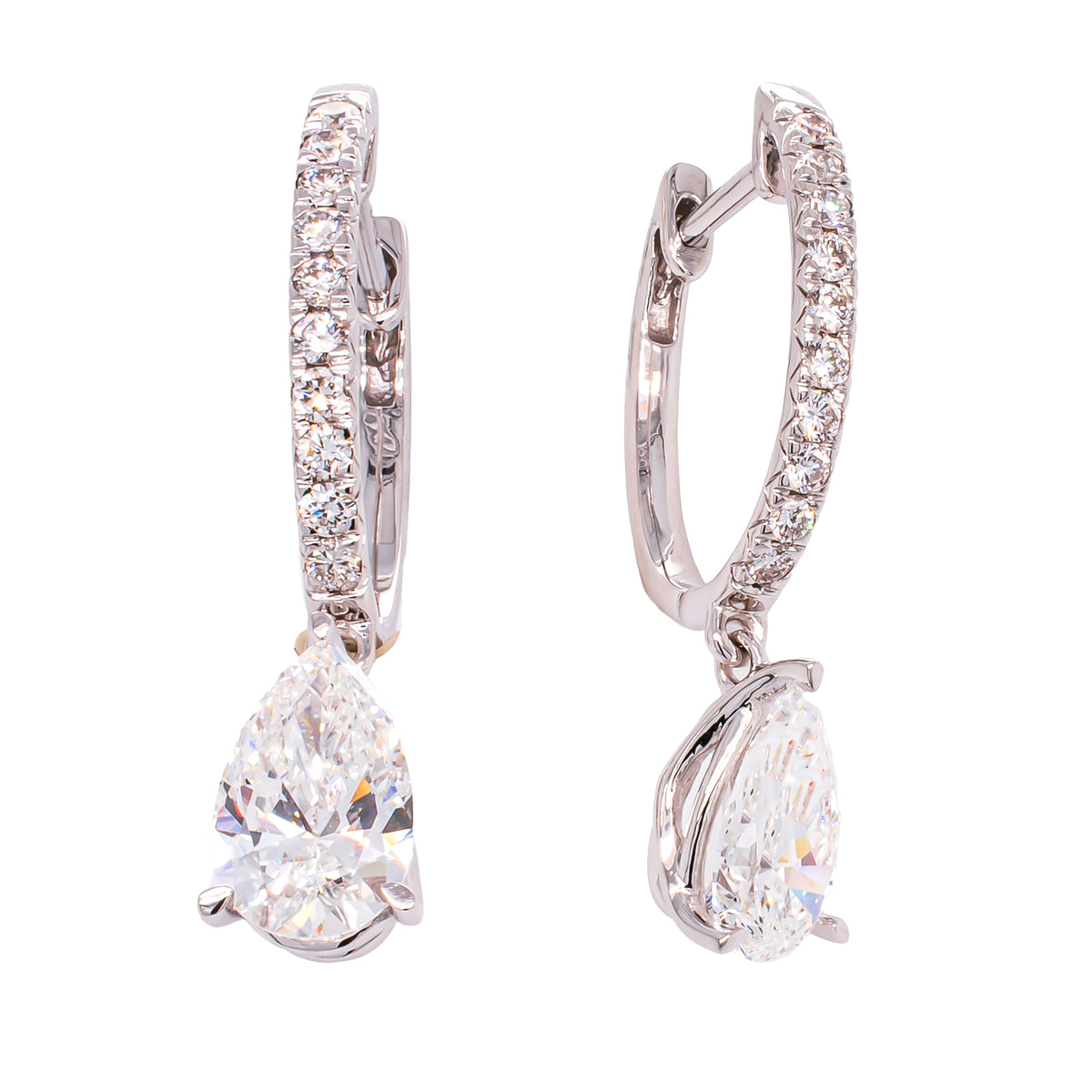 14K White Gold Pear Cut Lab Diamond Huggie Dangle Earrings – 2.25 CTW