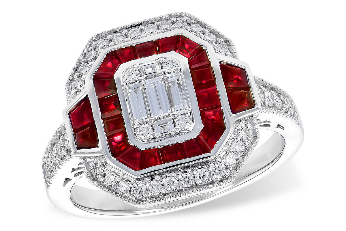14K White Gold Ruby Baguette Diamond Antique Ring