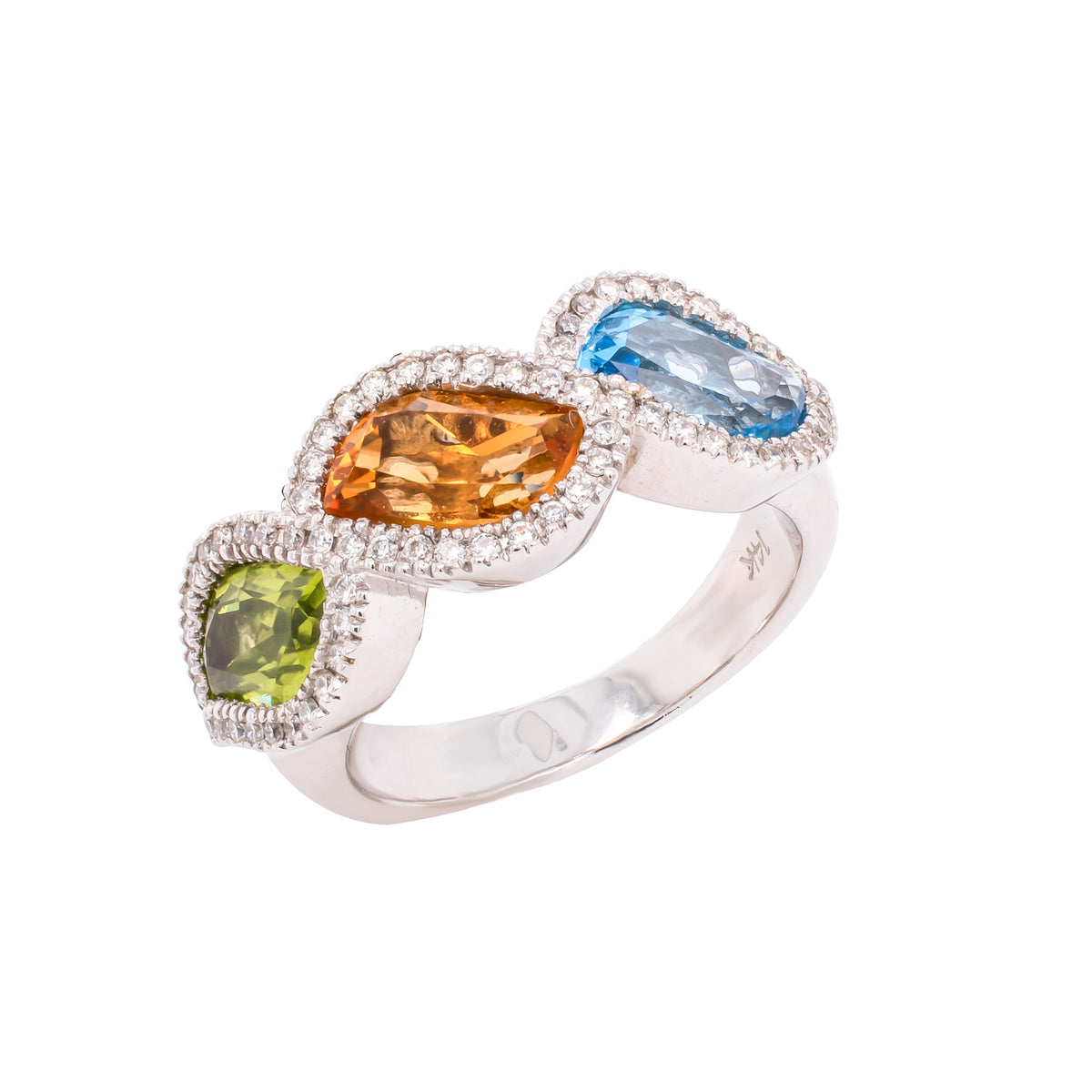 14K White Gold Bypass Three Colored Stone Ring with Diamonds