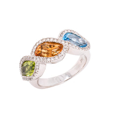 14K White Gold Bypass Three Colored Stone Ring with Diamonds, view 1