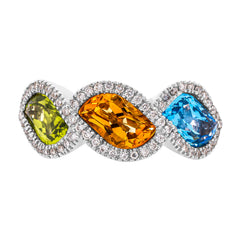 14K White Gold Bypass Three Colored Stone Ring with Diamonds, view 2
