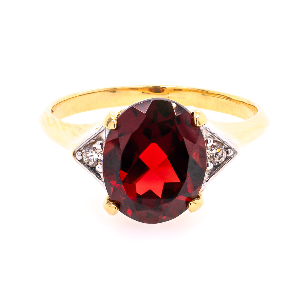 14K Yellow Gold Three Stone Garnet Diamond Ring